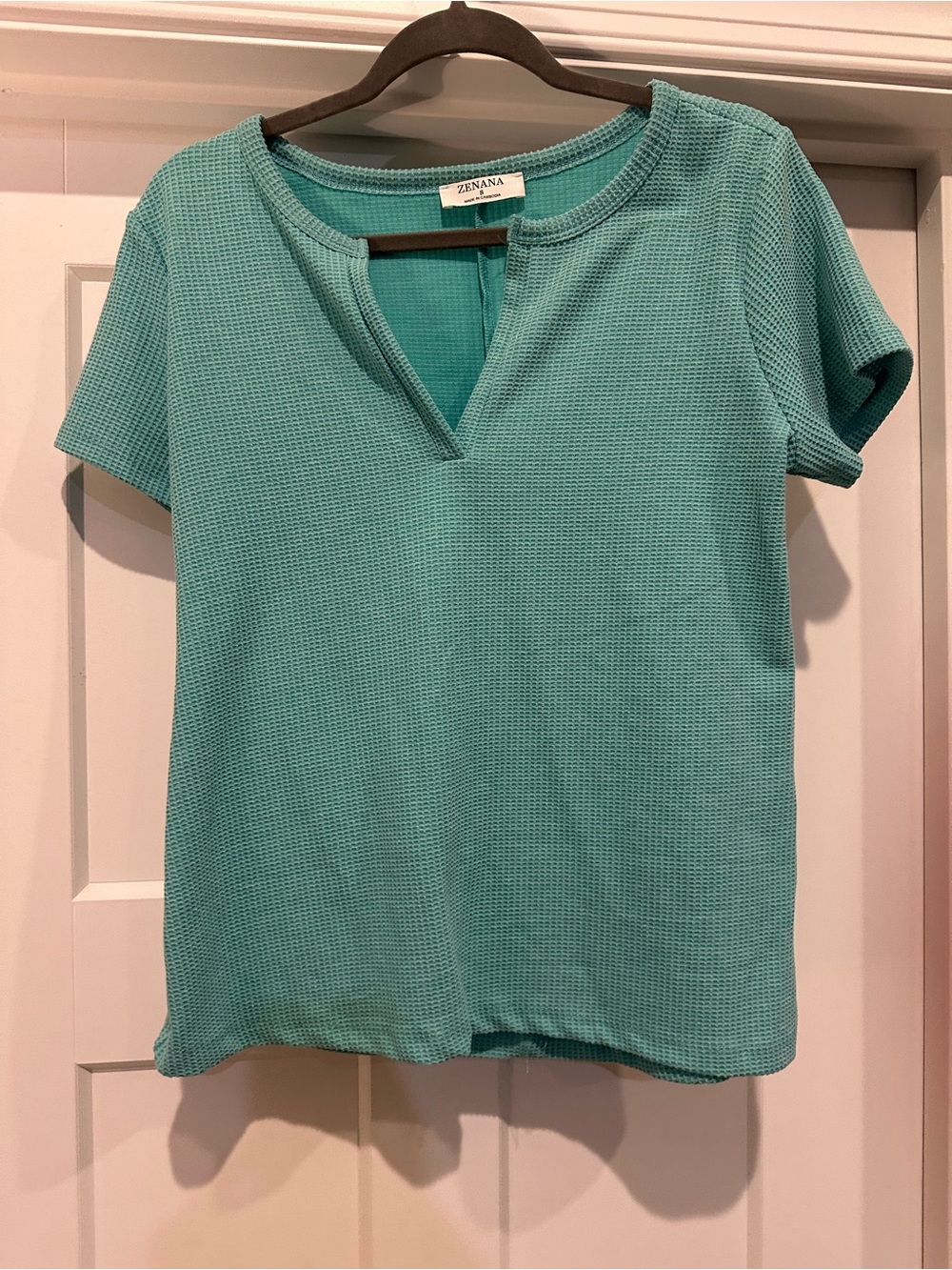 Zenana Teal V-Notch Waffle Knit Short Sleeve Top